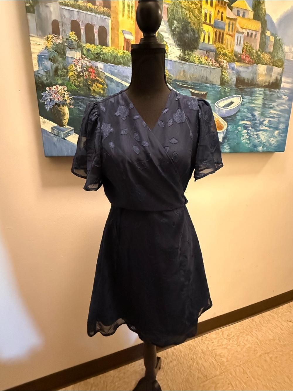 miami Navy Blue Floral Wrap-Style Short Dress